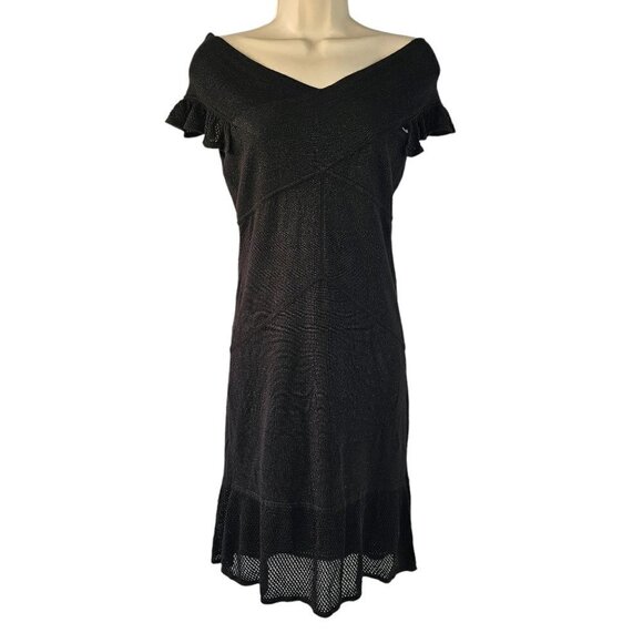 Zac Posen for Target Off Shoulder Black Knit Dress Gold Metallic Deep V Neck M - Picture 3 of 8